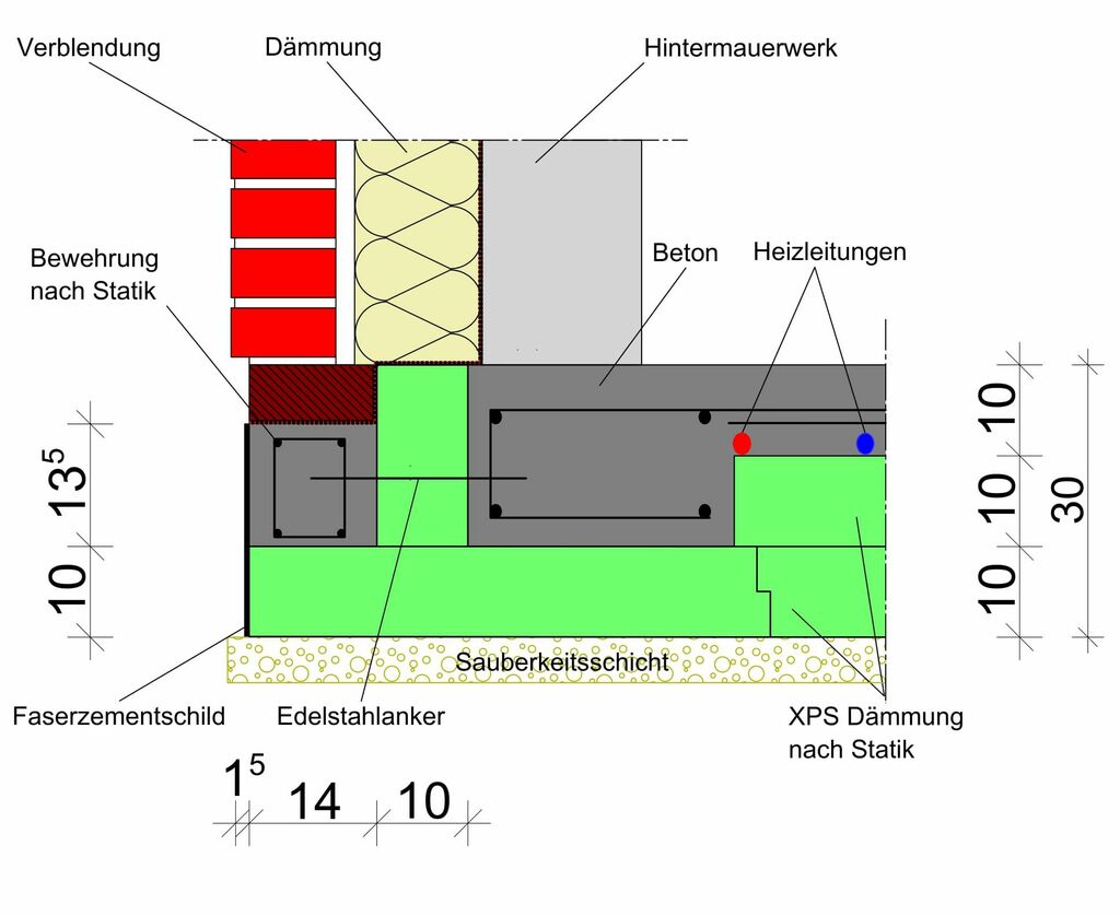 Technische Detailzeichnung: Energiespar-Fundament für ein Massivhaus